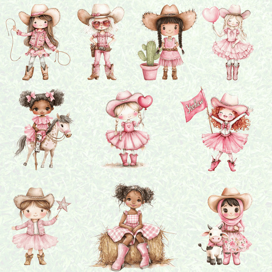 a drawing of a bunch of little girls in different outfits
