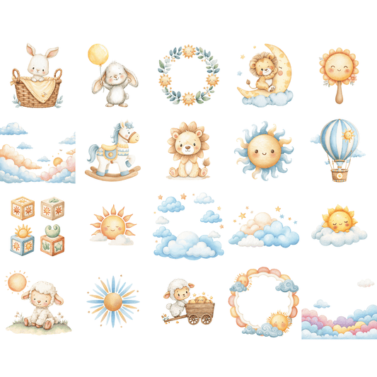 Here Comes the Son Clipart – Baby Nursery Sun Clipart PNG, Cute Animal Graphics, Seamless Patterns, Commercial Use