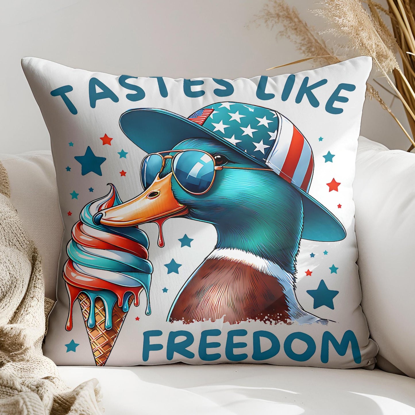 a pillow with a picture of a duck wearing a hat and sunglasses