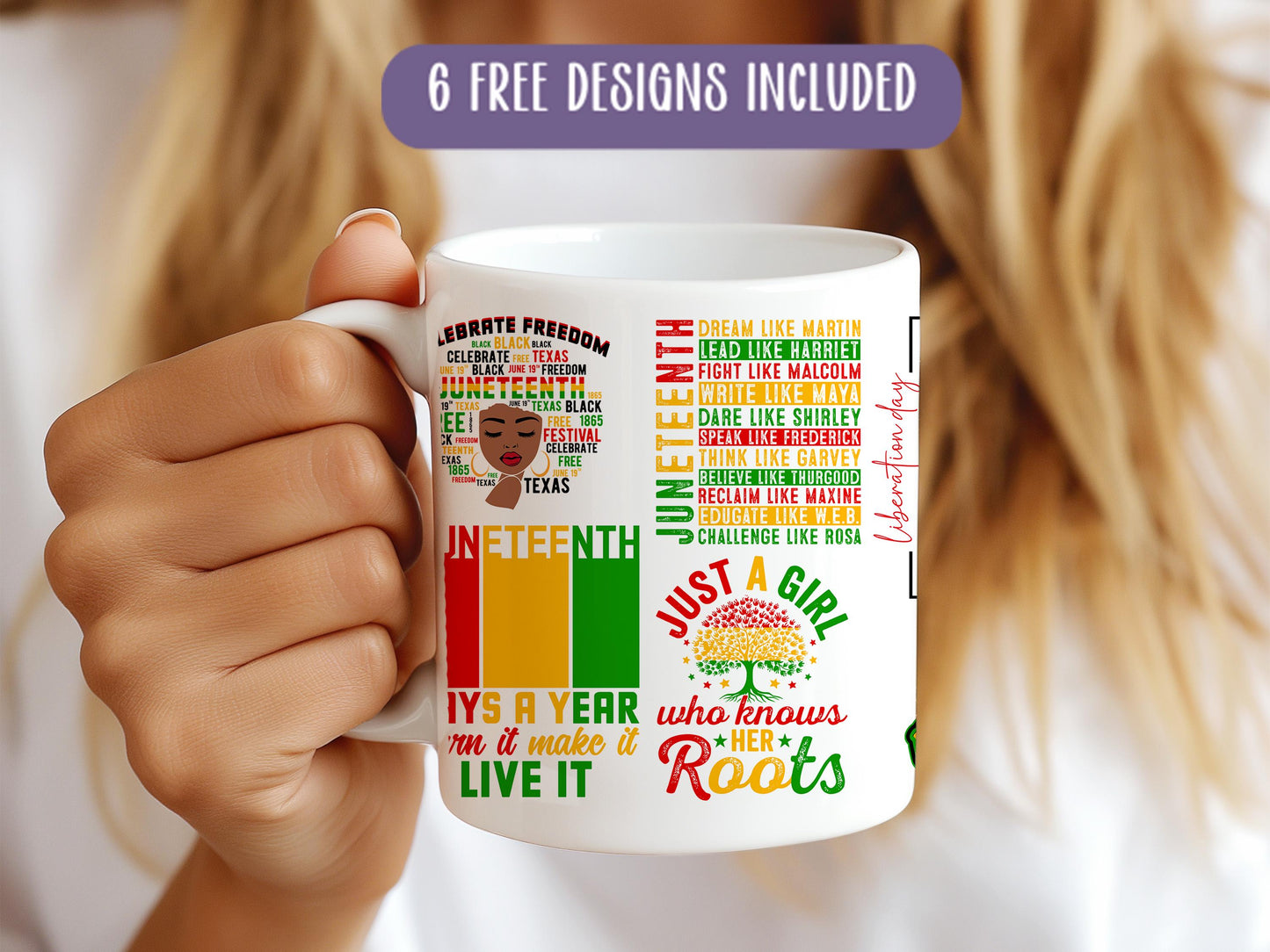 a woman is holding a coffee mug with a colorful design on it