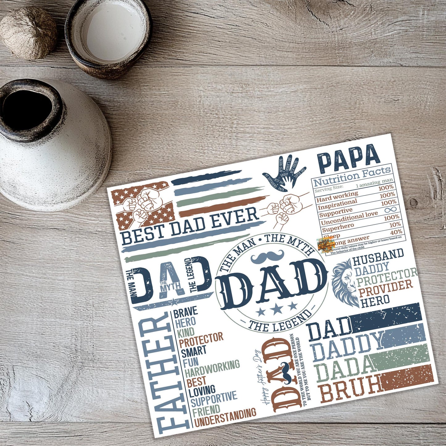 a father's day poster on a wooden table