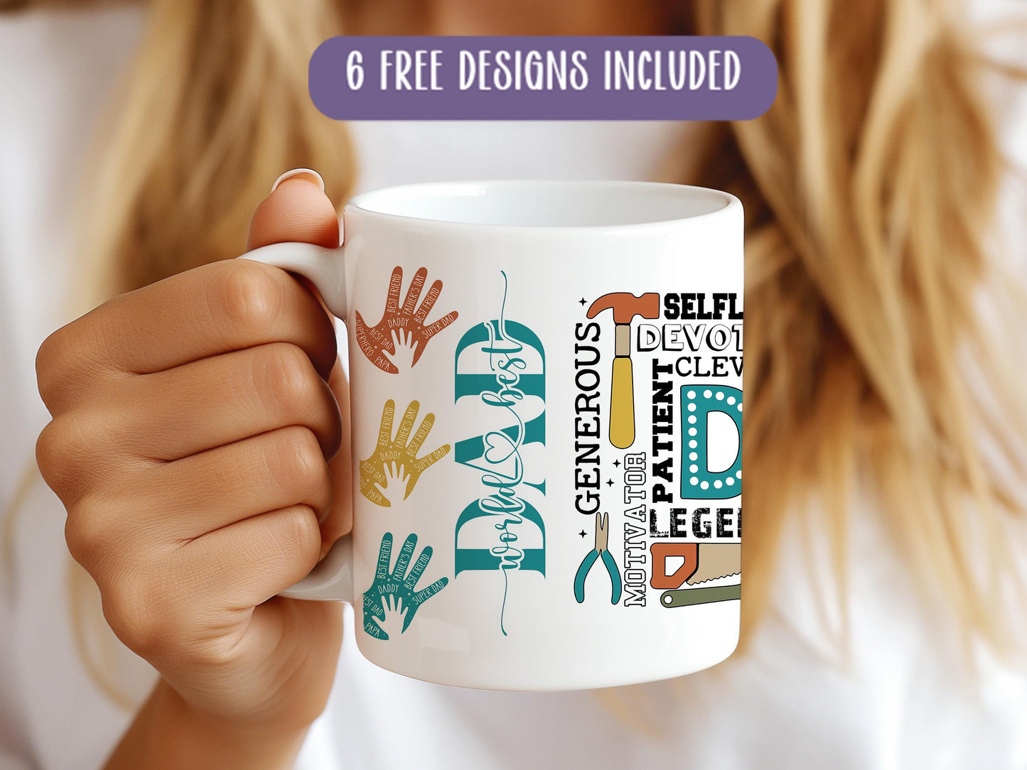 a woman holding a coffee mug with her hand prints on it
