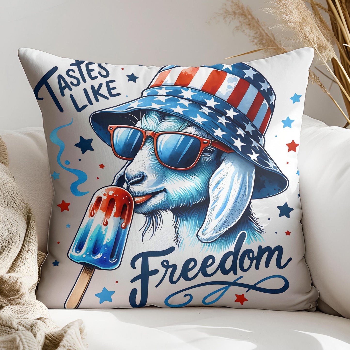 a pillow with a picture of a goat wearing sunglasses and a hat