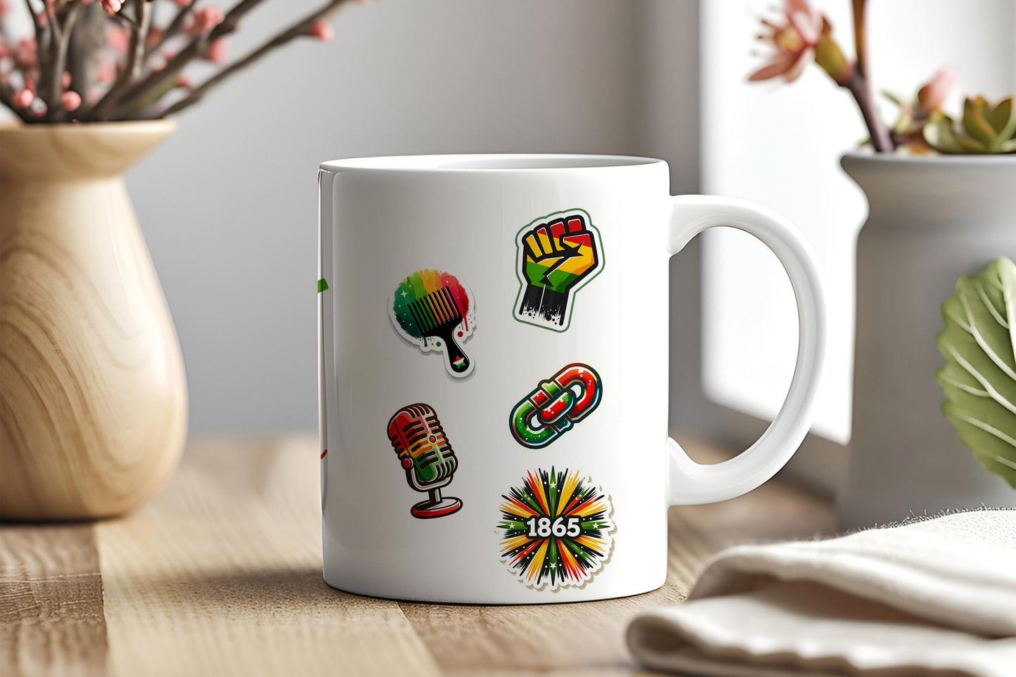 a coffee mug with a bunch of stickers on it