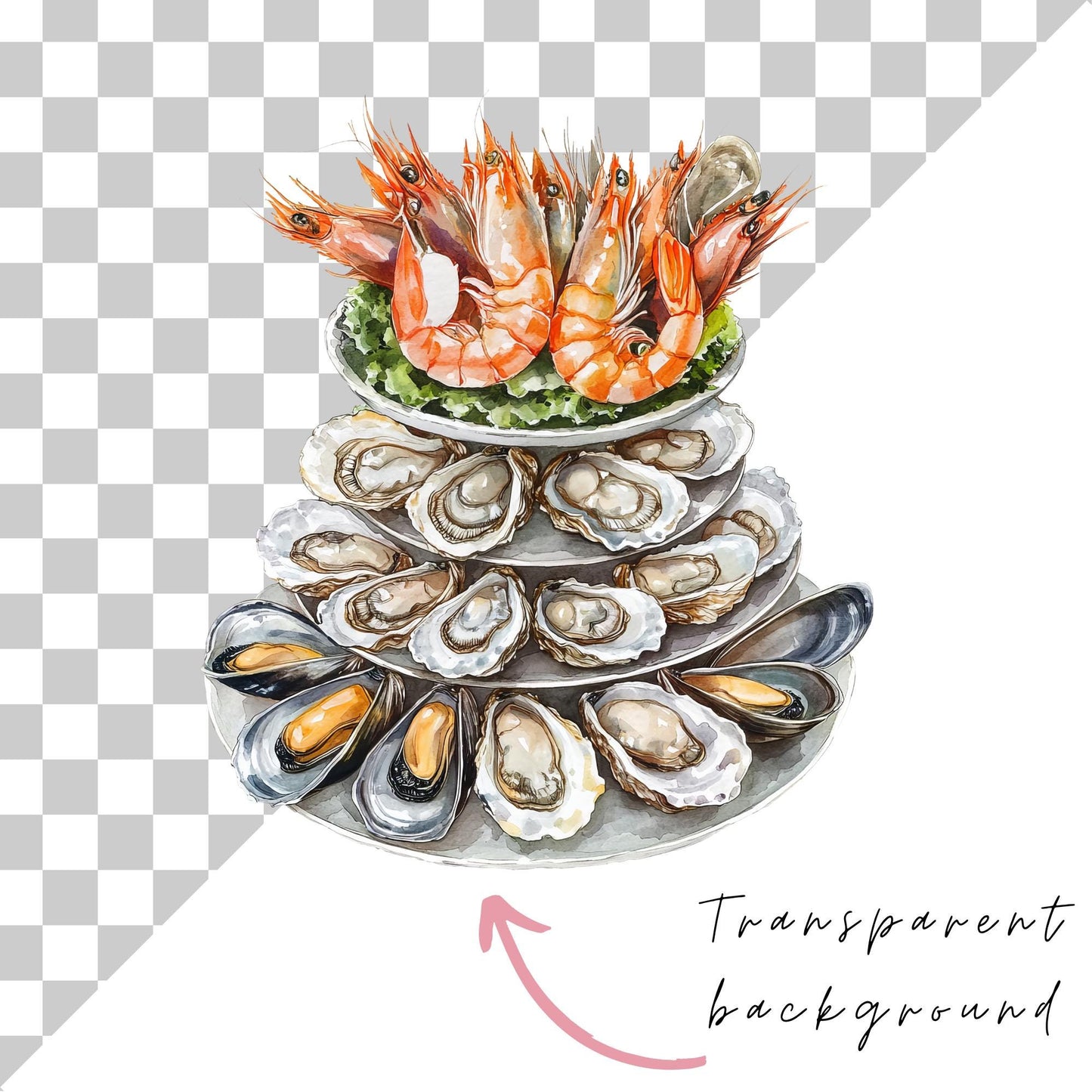 a picture of a plate of seafood on a checkered background