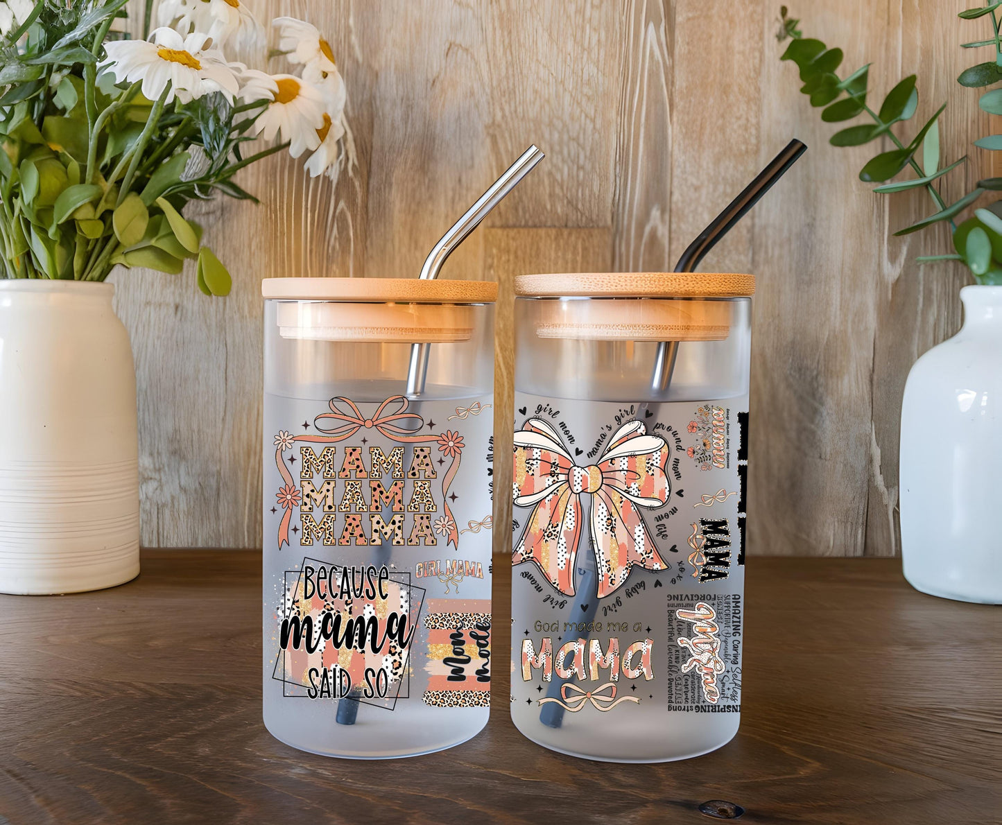 a couple of glass jars sitting on top of a wooden table