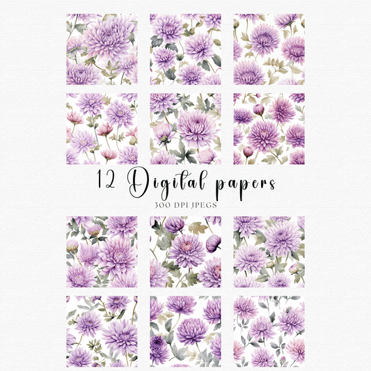 12 digital papers with purple flowers and leaves