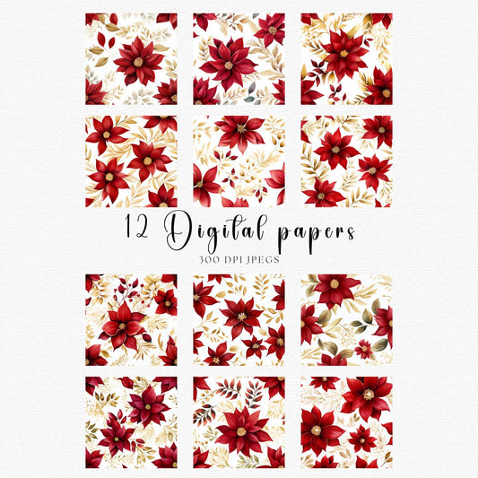 Poinsettia and Gold Floral Digital Papers