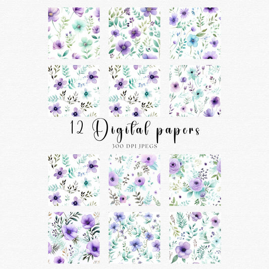 Purple and Mint Green Floral Digital Papers