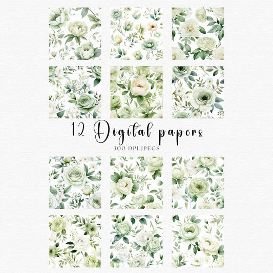 Sage Green Rose and Peony Digital Papers