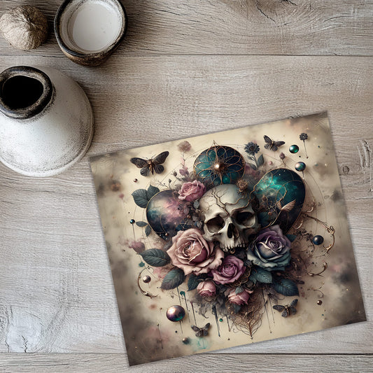 Envoltura para vaso delgado de 20 oz con calavera, rosas y corazones – Sublimación gótica bohemia PNG