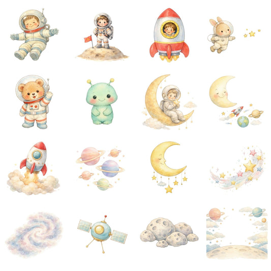 Space Adventure Clipart Bundle, Cute Astronaut Rocket & Planets PNG for Kids Printables & Sublimation