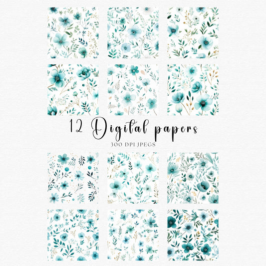Teal Floral Digital Papers