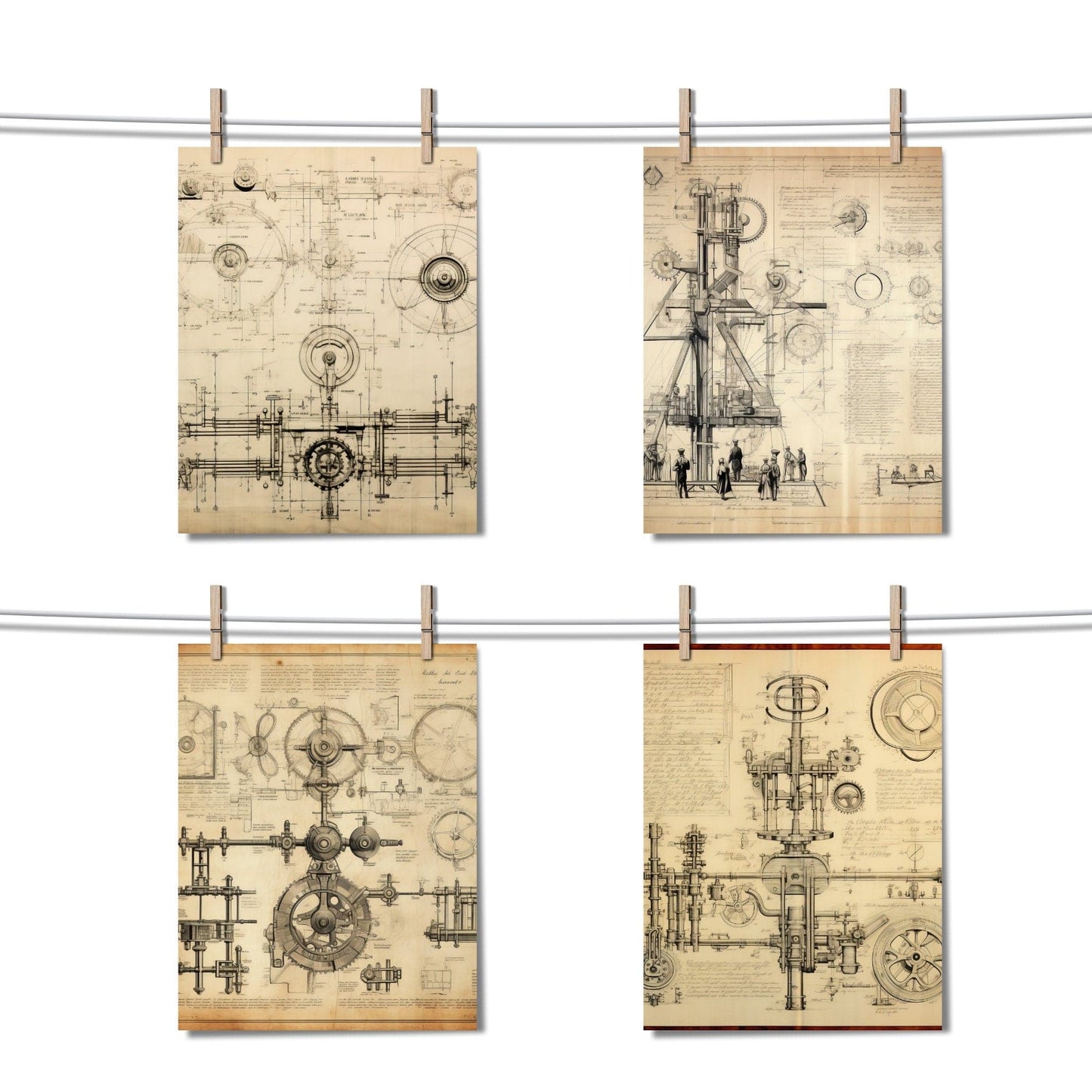 Vintage Technical Blueprint Digital Papers