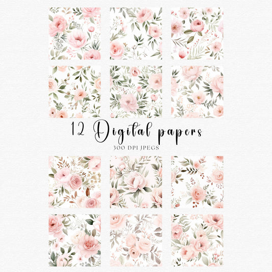 Watercolor Blush Pink Floral Digital Papers