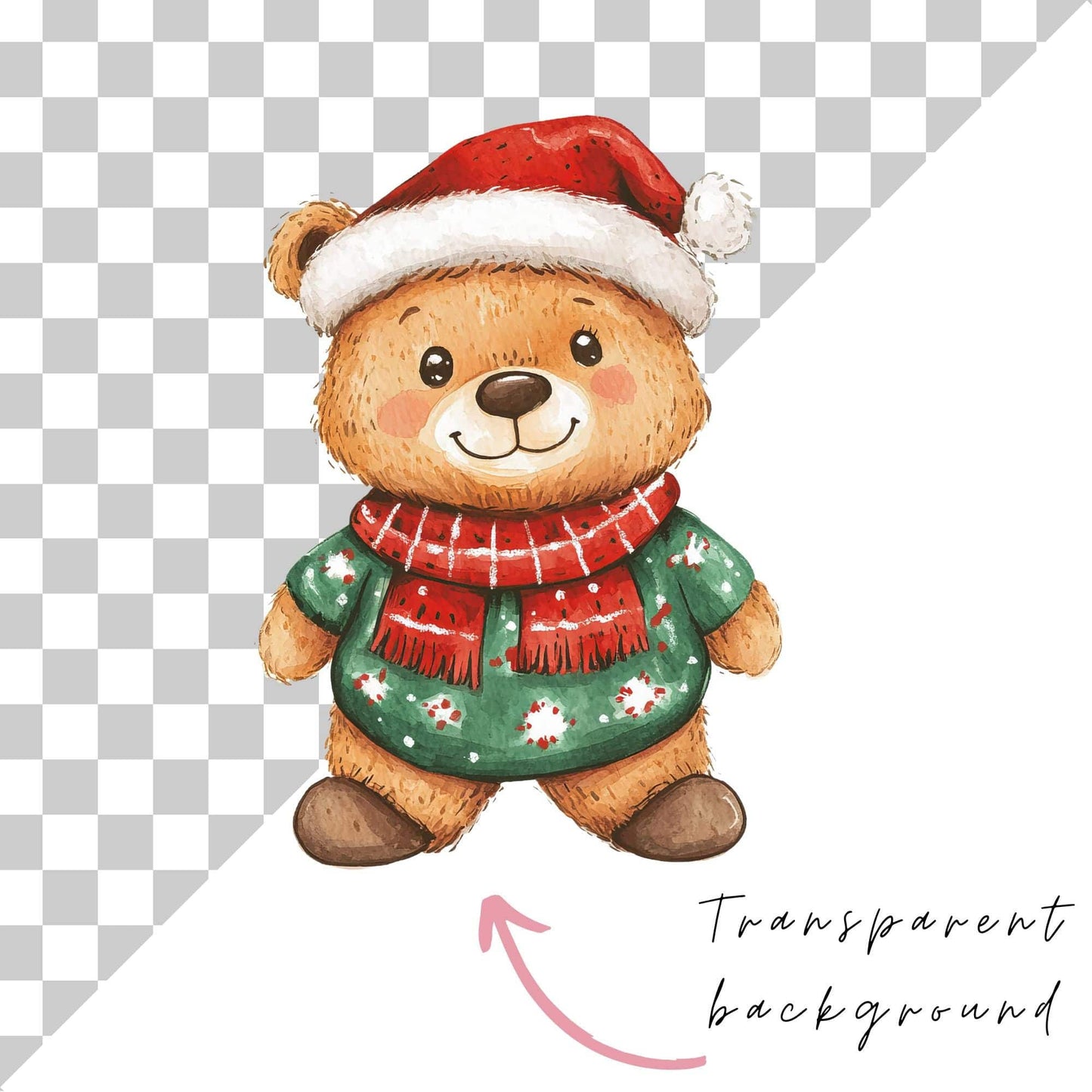 Watercolor Christmas Teddy Bear Clipart