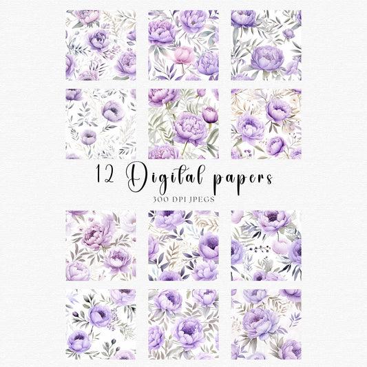 Watercolor Purple Peony Digital Papers