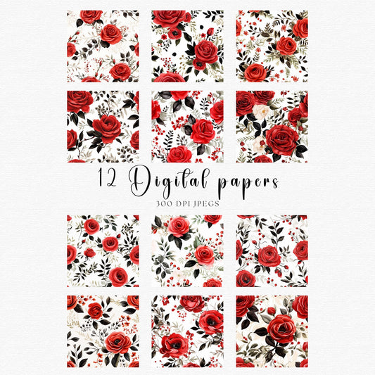 Watercolor Red & Black Floral Digital Papers