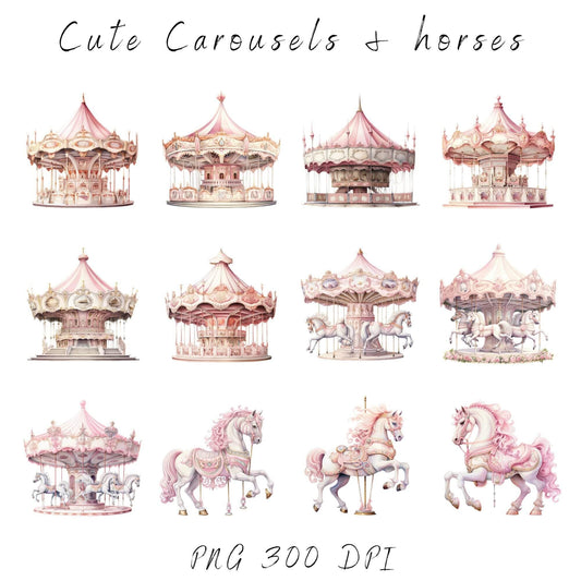 Watercolor Soft Pink Horse & Carousel