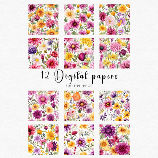 Watercolor Summer Florals Digital Papers