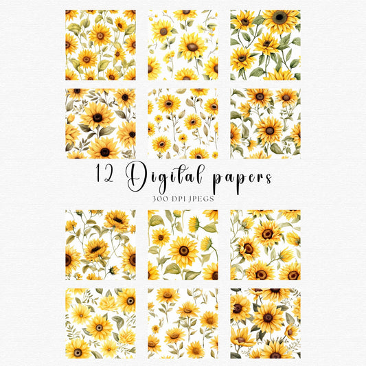 Watercolor Sunflower Digital Papers