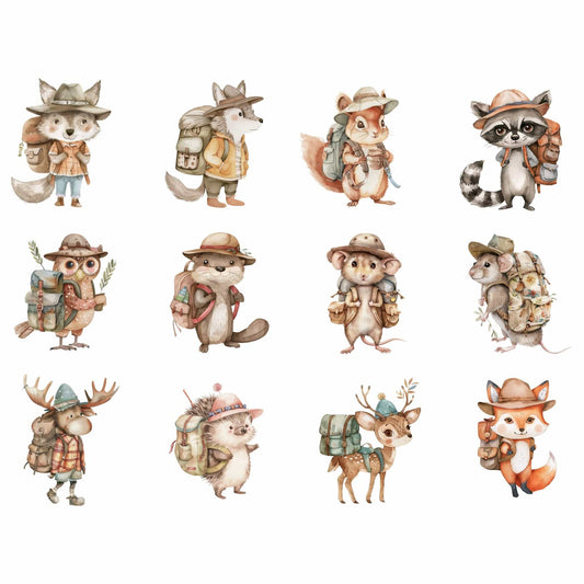 Watercolor Woodland animals go camping clipart