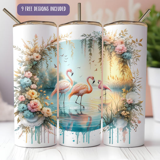 a group of three flamingos standing on top of a body of water