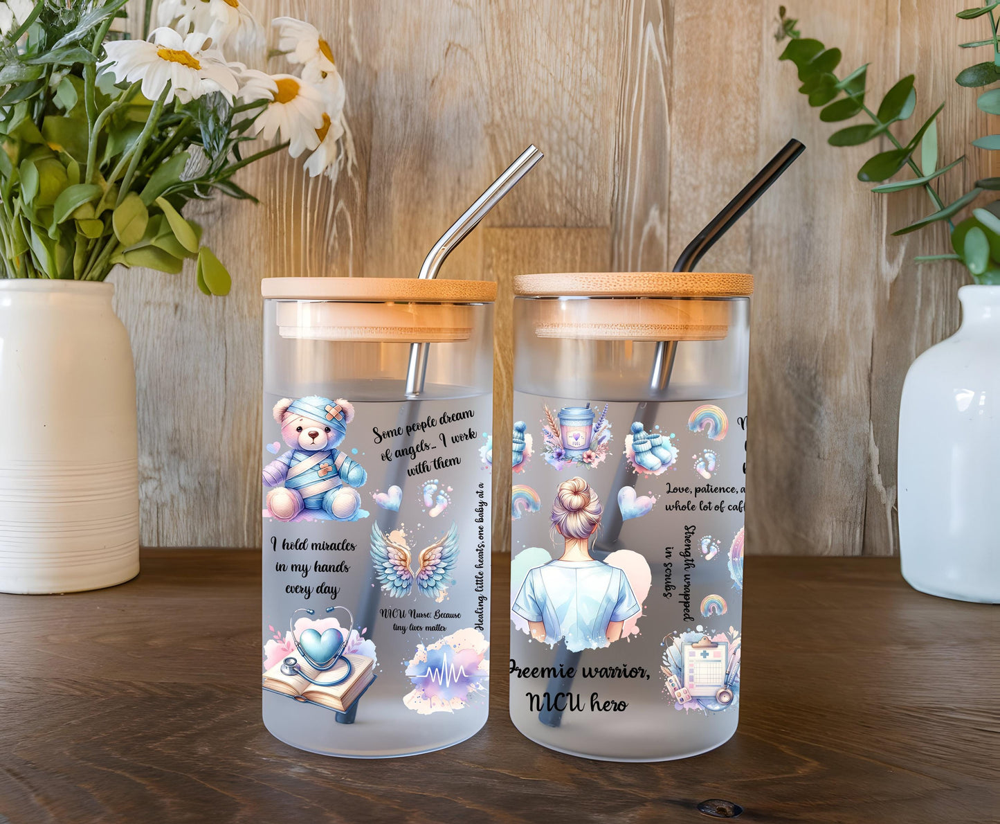 a couple of glass jars sitting on top of a wooden table