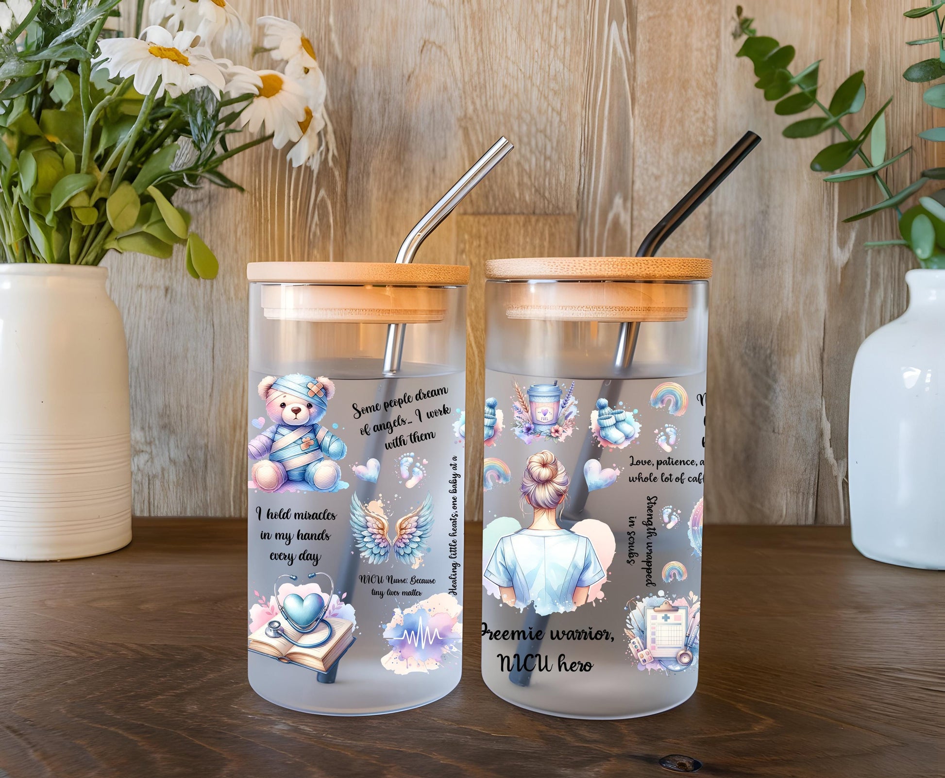 a couple of glass jars sitting on top of a wooden table