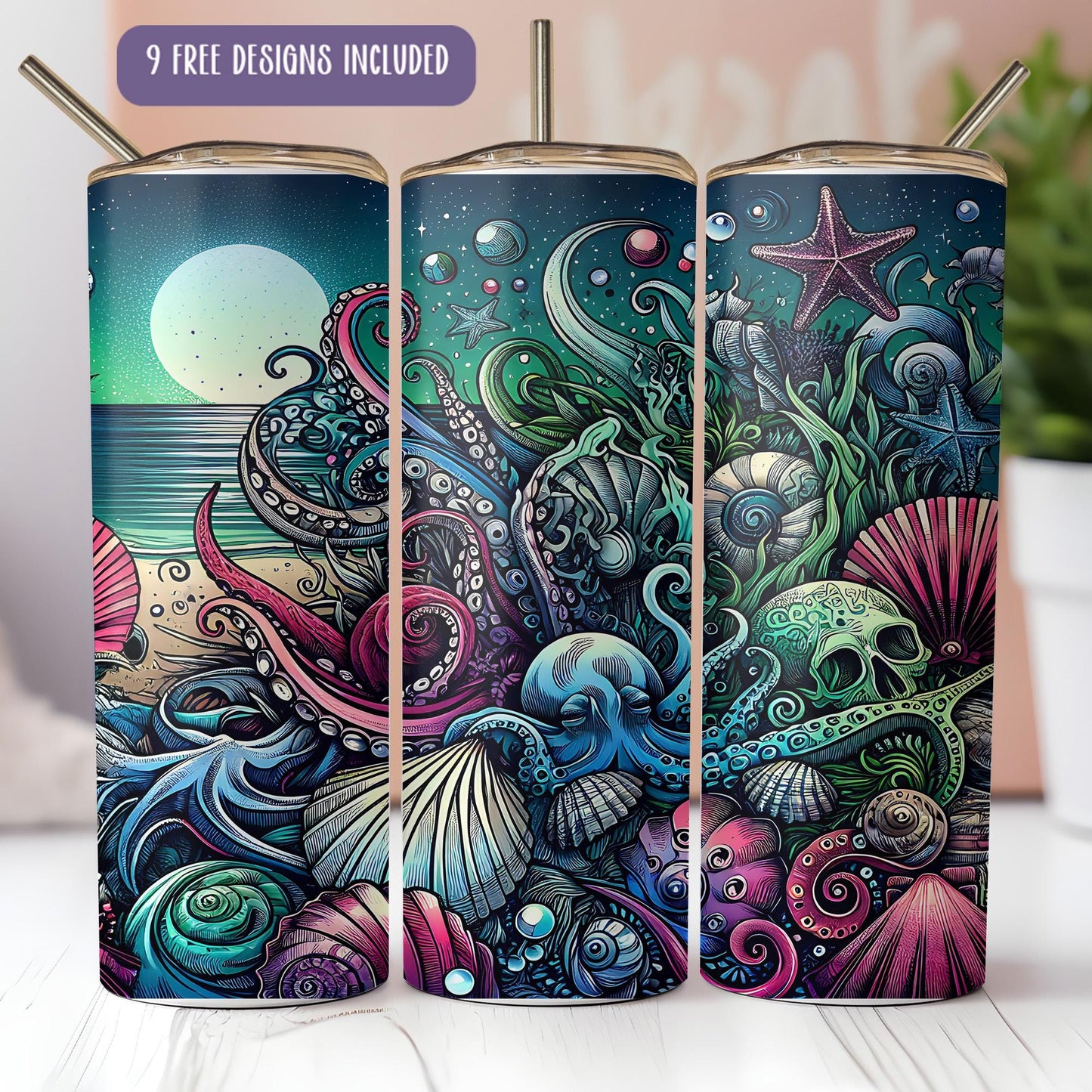 a set of three travel mugs with an ocean scene painted on them