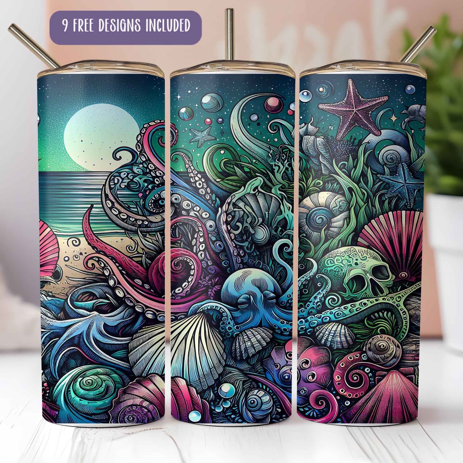 a set of three travel mugs with an ocean scene painted on them