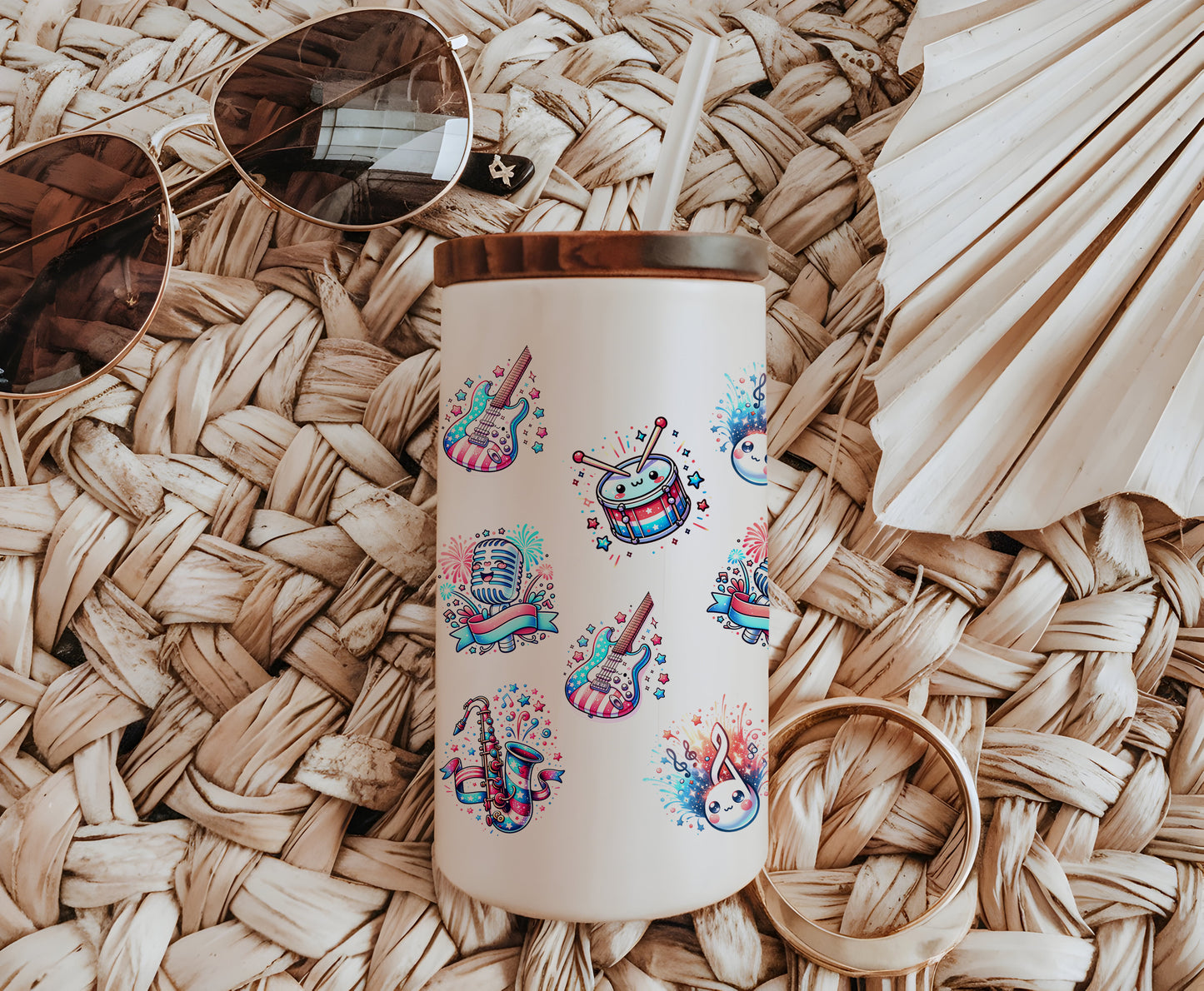 a coffee cup with a pattern on it sitting on a wicker mat