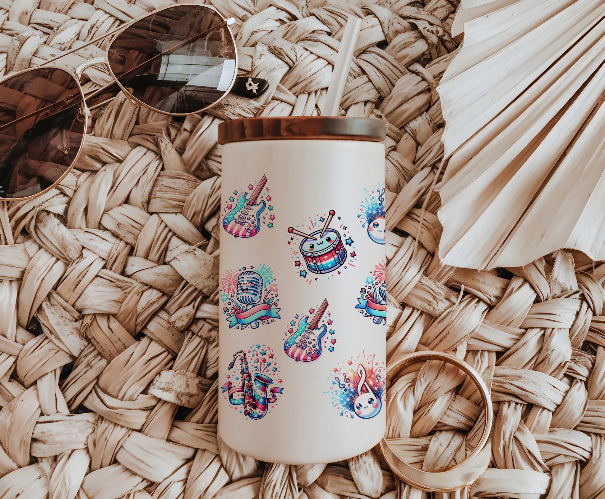 a coffee cup with a pattern on it sitting on a wicker mat