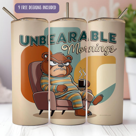 a set of three coffee cups with a cartoon bear sitting in a recliner