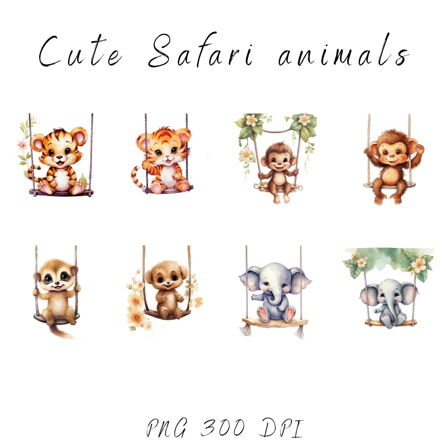 Watercolor Safari Animals on Swings Clipart