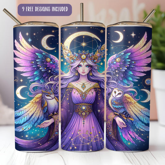 a set of three travel mugs with an image of a woman in a purple