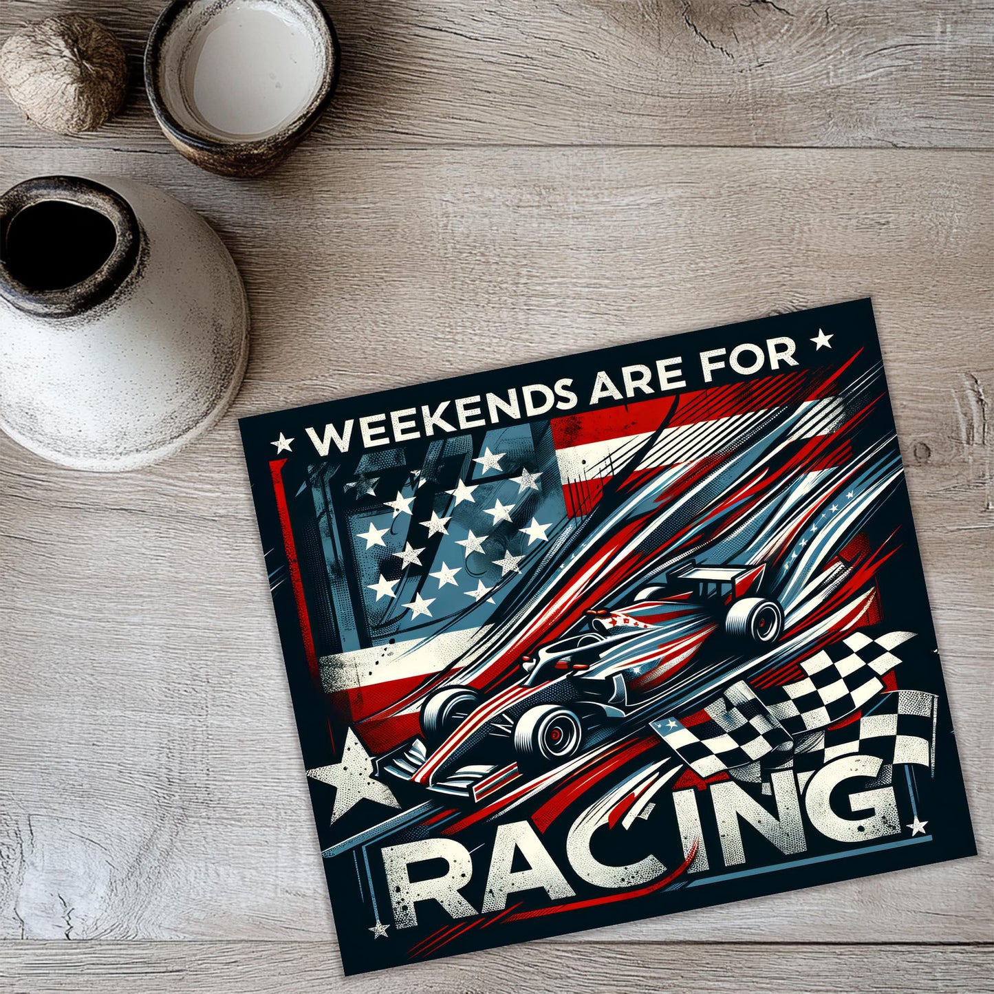 a poster of a racing car on a wooden floor