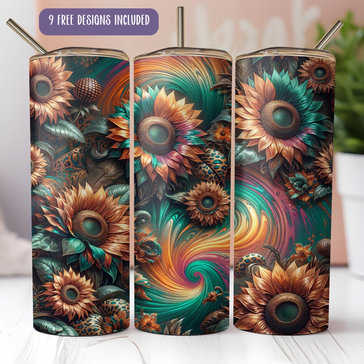 a set of three colorful tumblers with a floral design