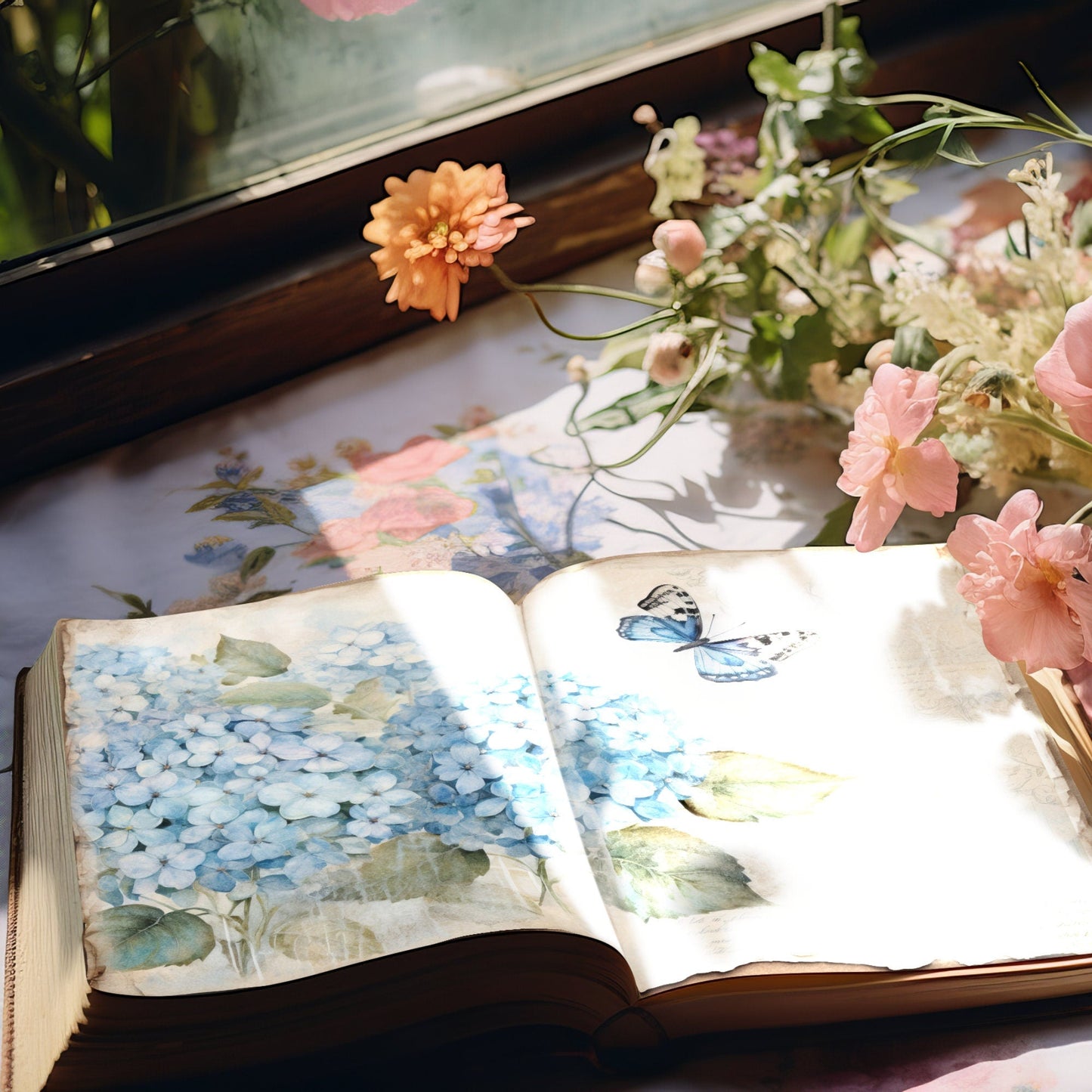 Páginas de diario basura con flores de hortensias azules
