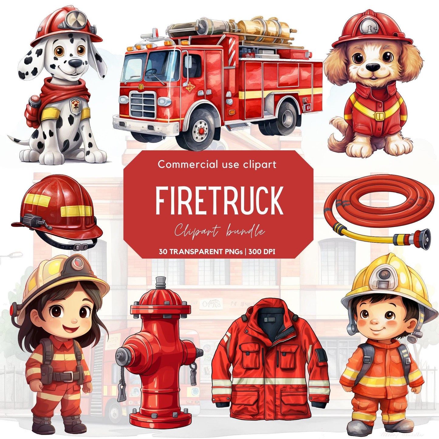 Watercolor Firetruck Clipart