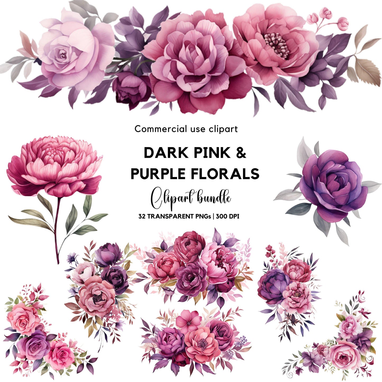 Watercolor Dark Pink and Purple Floral Clipart