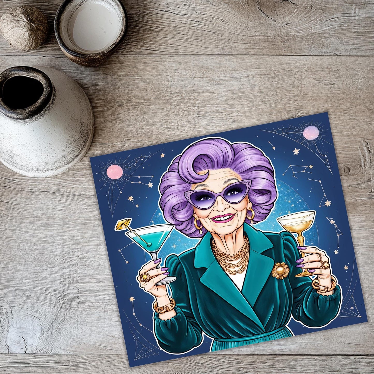 a painting of a woman holding a martini glass