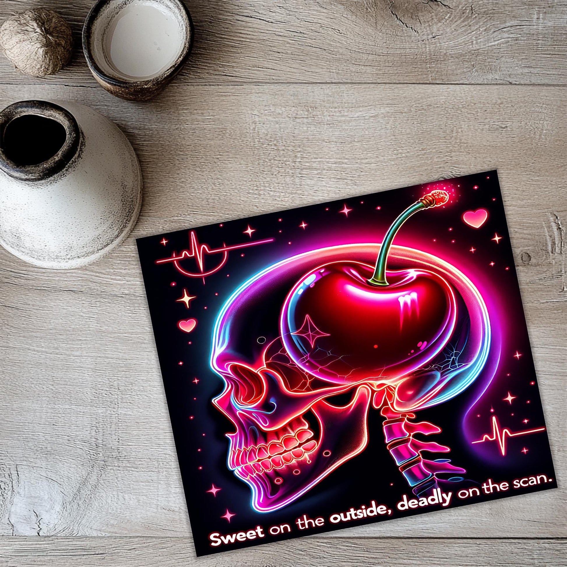 a picture of a skull with a cherry on it