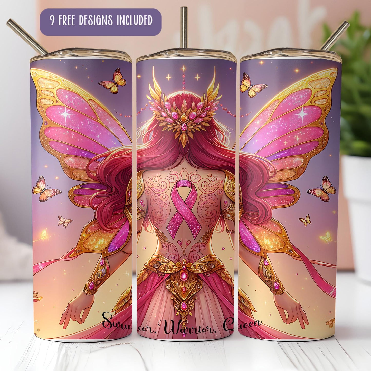 a pink tin with a picture of a fairy holding a breast cancer ribbon