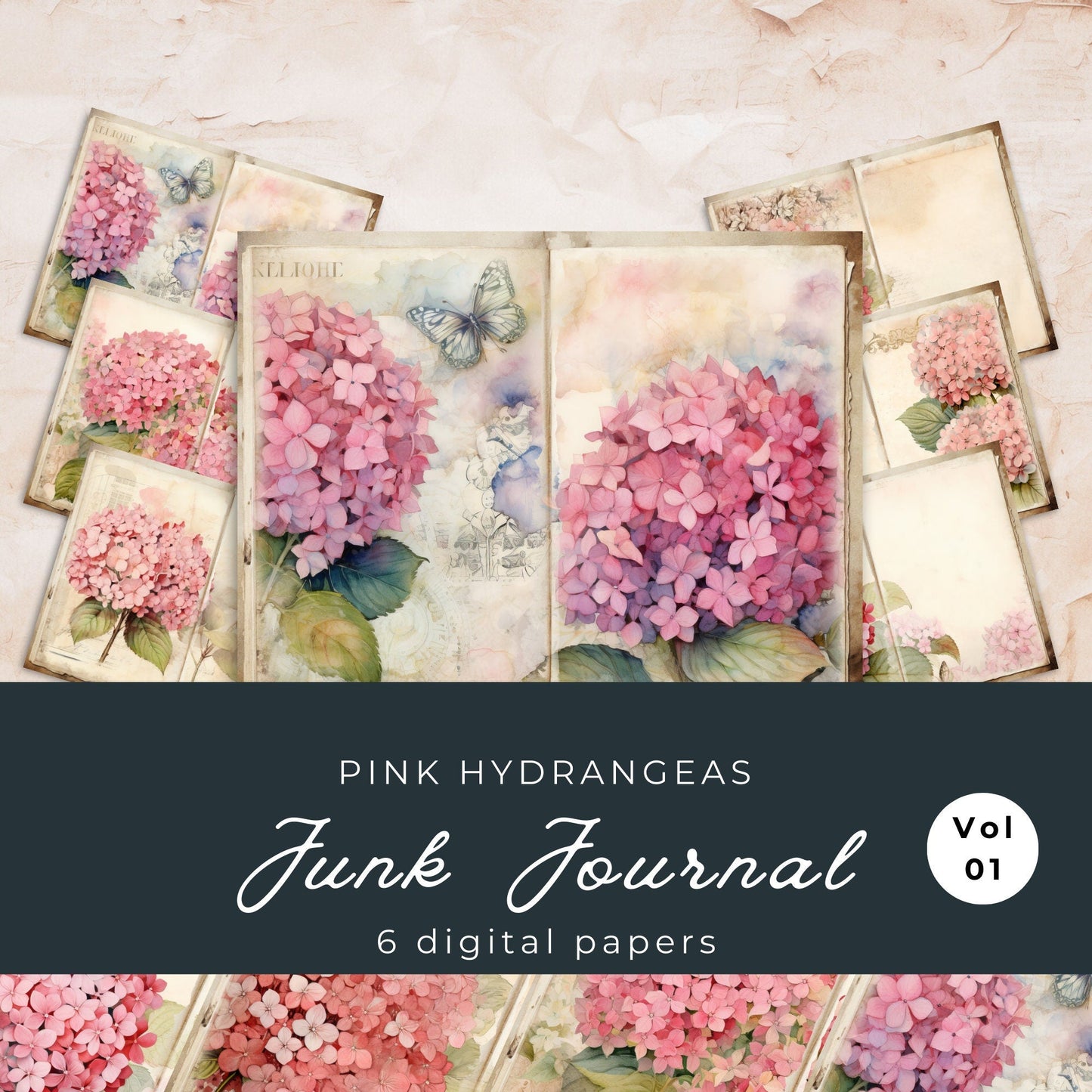 Pink Hydrangea Floral Junk Journal Pages
