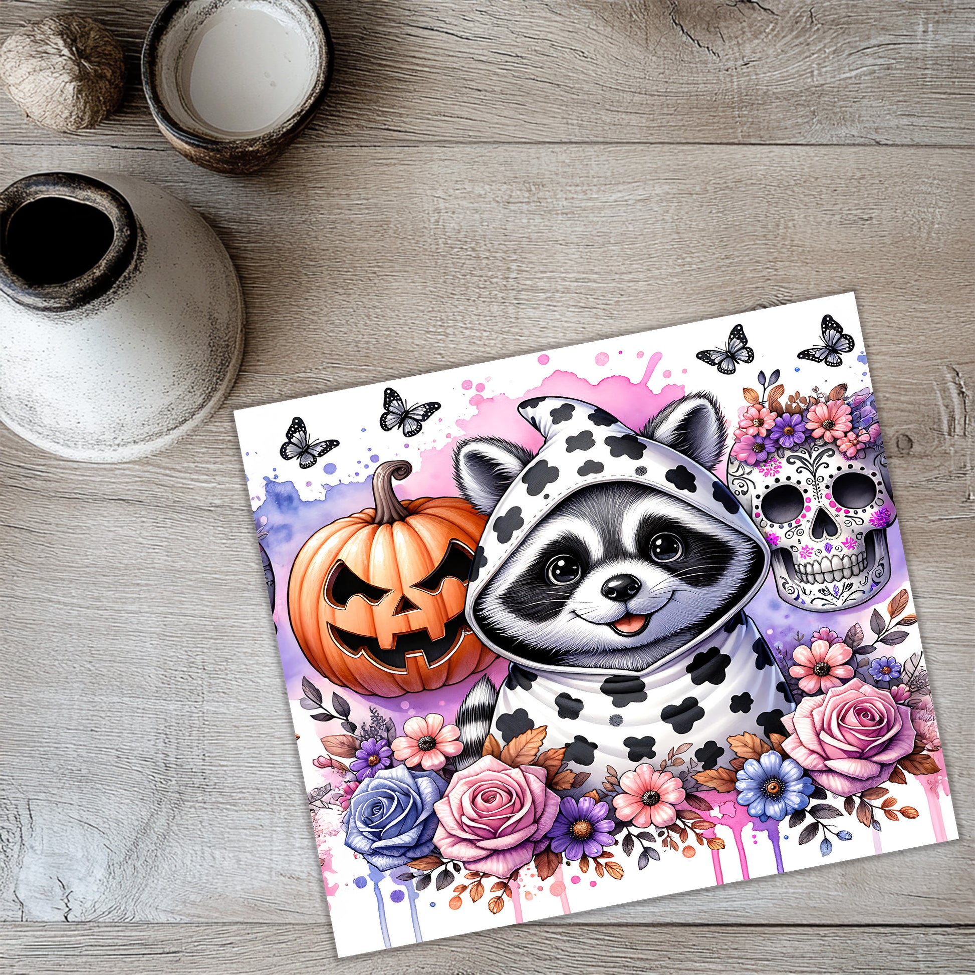 a painting of a raccoon and a skull on a table
