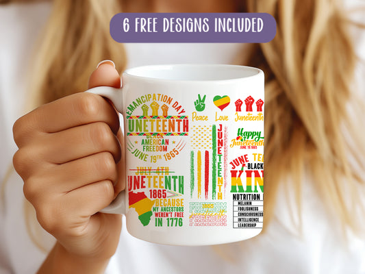 a woman holding a coffee mug with a variety of designs on it