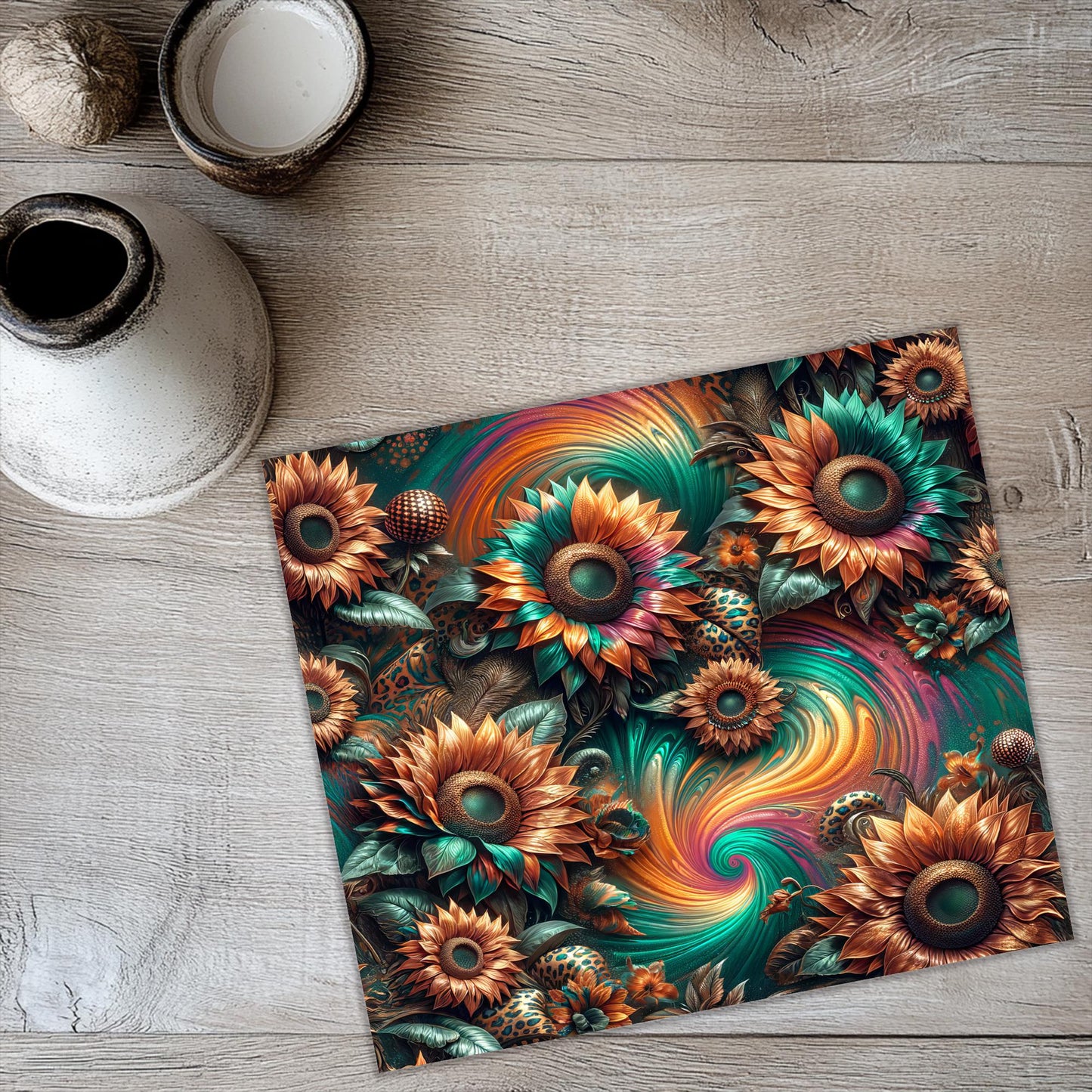 a painting of sunflowers on a wooden floor