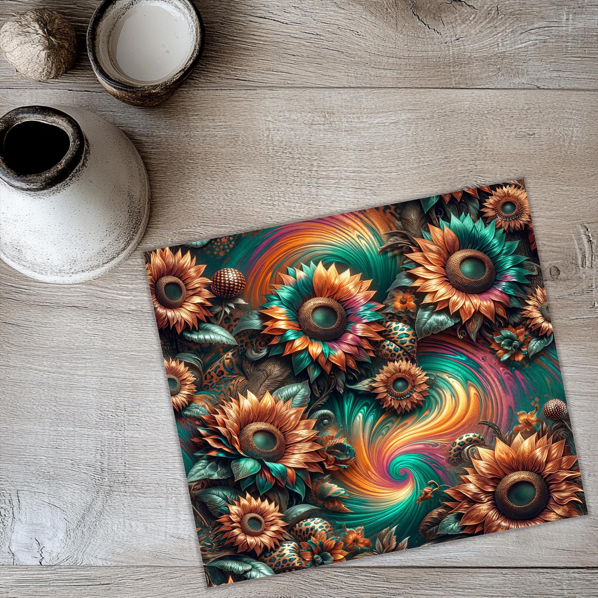 a painting of sunflowers on a wooden floor