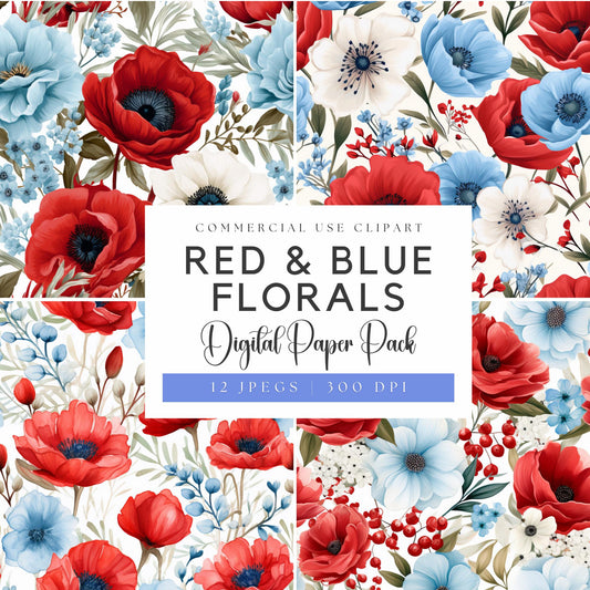 Watercolor 4th July Floral Digital Papers